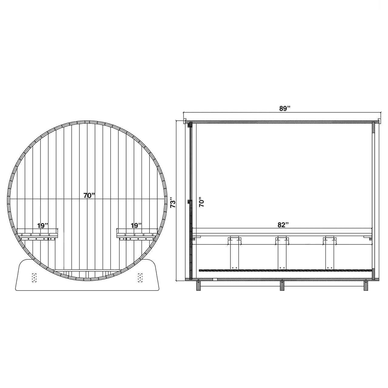 Red Cedar Barrel Sauna with Panoramic Window - 8 kW UL Certified KIP Harvia Heater - 6-8 Person - 2D dimensions Image