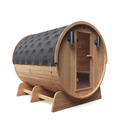 Red Cedar Barrel Sauna with Panoramic Window - 8 kW UL Certified KIP Harvia Heater - 6-8 Person - Front left corner view