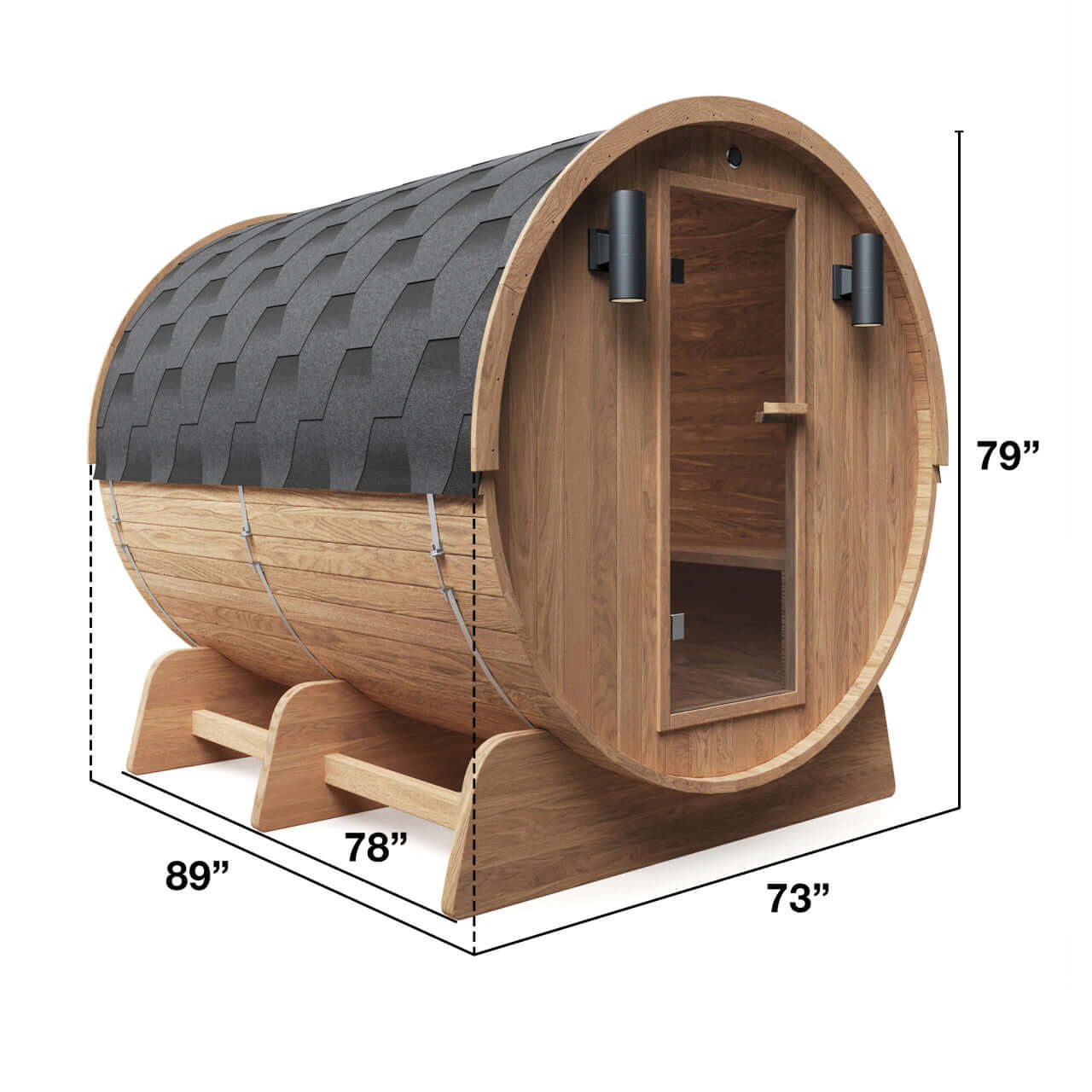 Red Cedar Barrel Sauna with Panoramic Window - 8 kW UL Certified KIP Harvia Heater - 6-8 Person - 3D Dimensions Image