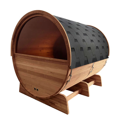 Red Cedar Barrel Sauna with Panoramic Window - 8 kW UL Certified KIP Harvia Heater - 6-8 Person - Back left corner view of the panoramic window