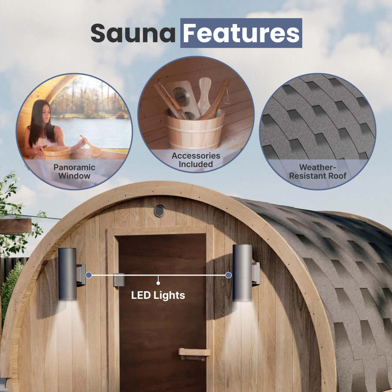 Red Cedar Barrel Sauna with Panoramic Window - 8 kW UL Certified KIP Harvia Heater - 6-8 Person - Included items