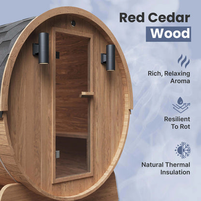 Red Cedar Barrel Sauna with Panoramic Window - 8 kW UL Certified KIP Harvia Heater - 6-8 Person - Benefits or Red Cedar