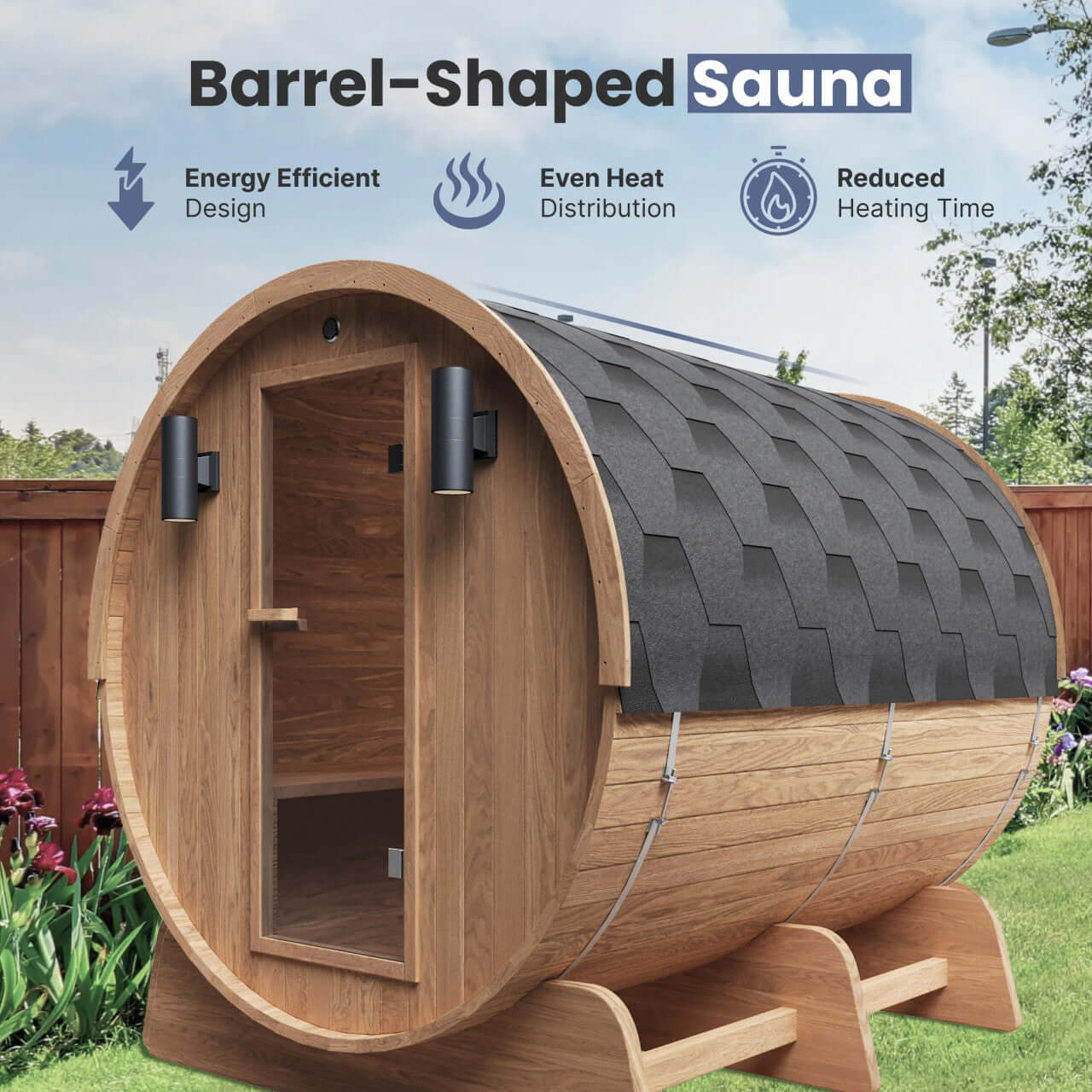 Red Cedar Barrel Sauna with Panoramic Window - 8 kW UL Certified KIP Harvia Heater - 6-8 Person - Benefits of Barrel Design