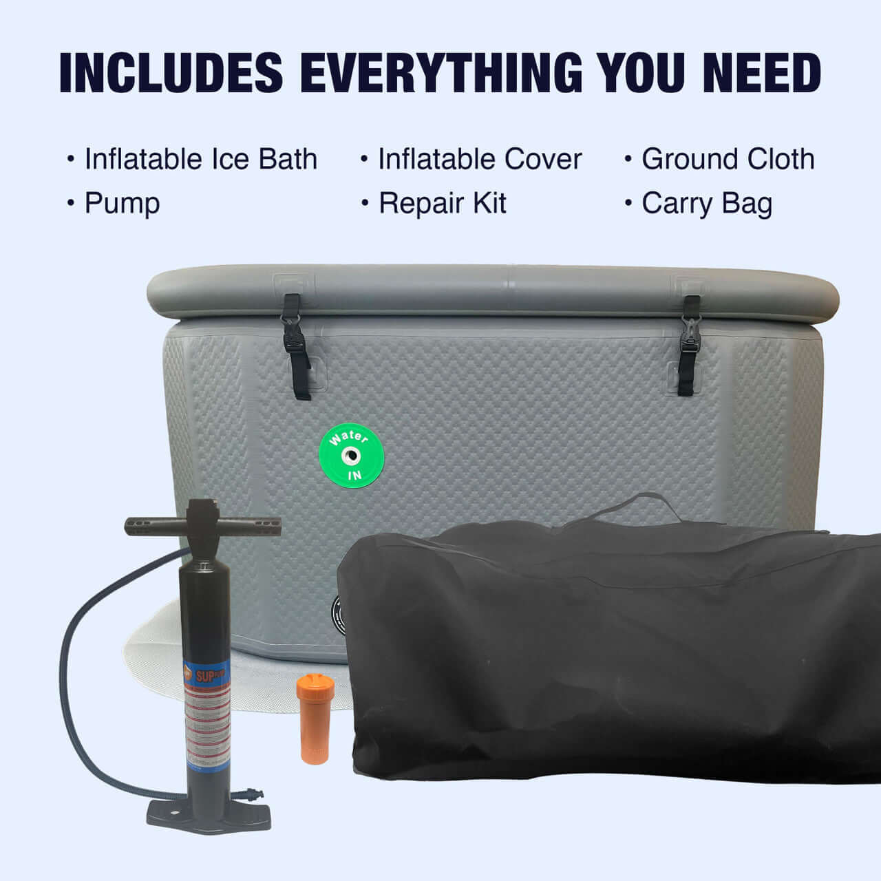 Complete kit for Macora Health Inflatable Cold Plunge Tub including pump, repair kit, and carry bag.