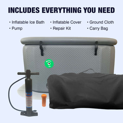 Complete kit for Macora Health Inflatable Cold Plunge Tub including pump, repair kit, and carry bag.