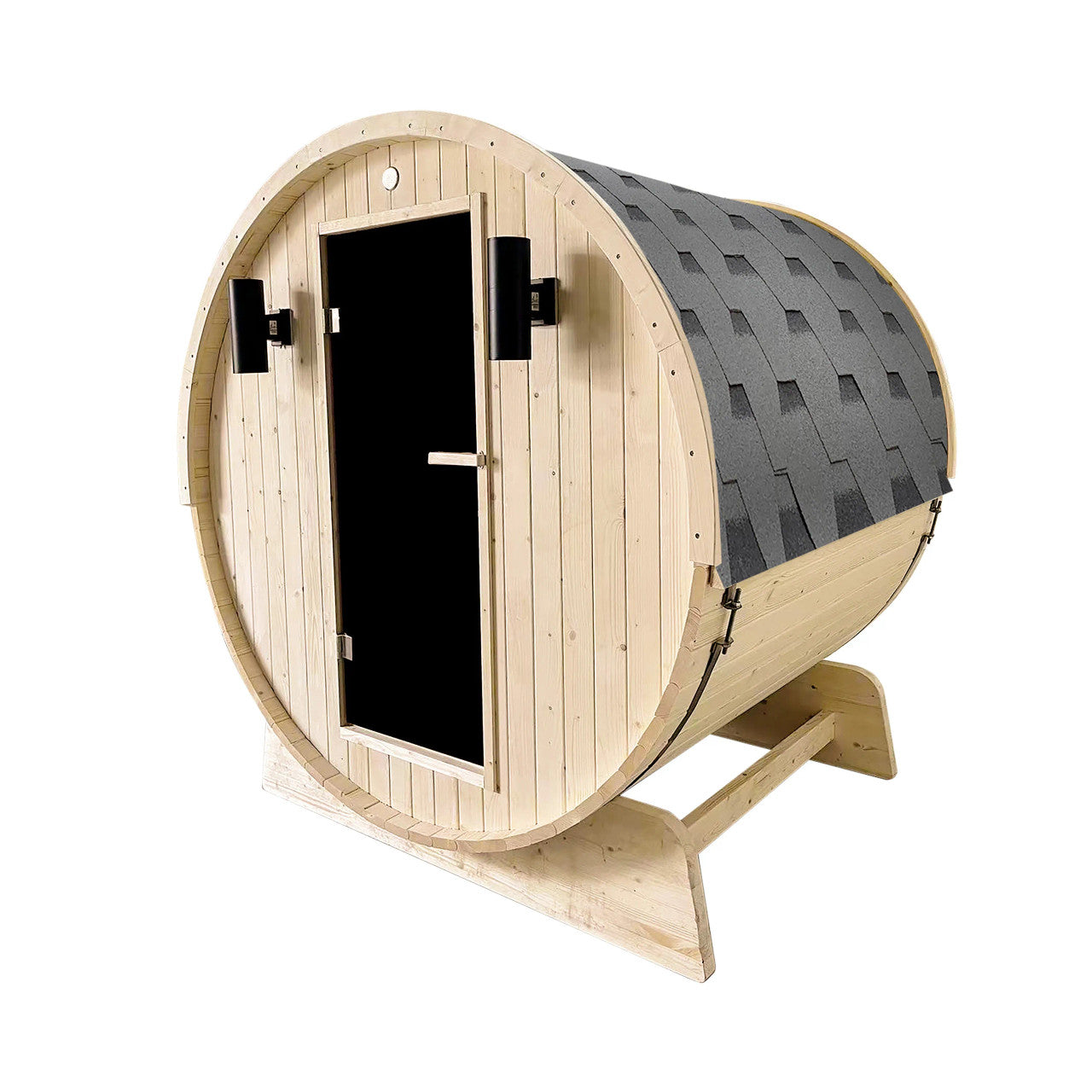 Outdoor and Indoor White Pine Barrel Sauna - 3-4 Person - 4.5 kW UL Certified Heater - Bitumen Shingle Roofing - Front Right Angled View