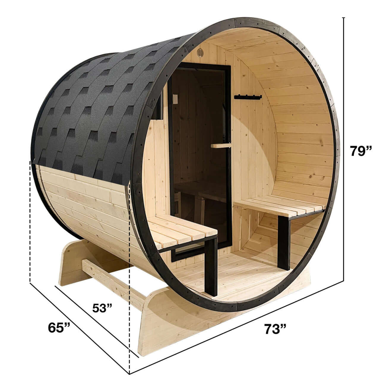 Outdoor White Finland Pine Traditional Barrel Sauna with Black Accents & Front Porch Canopy - 2-4 Person Capacity - Dimensions Image