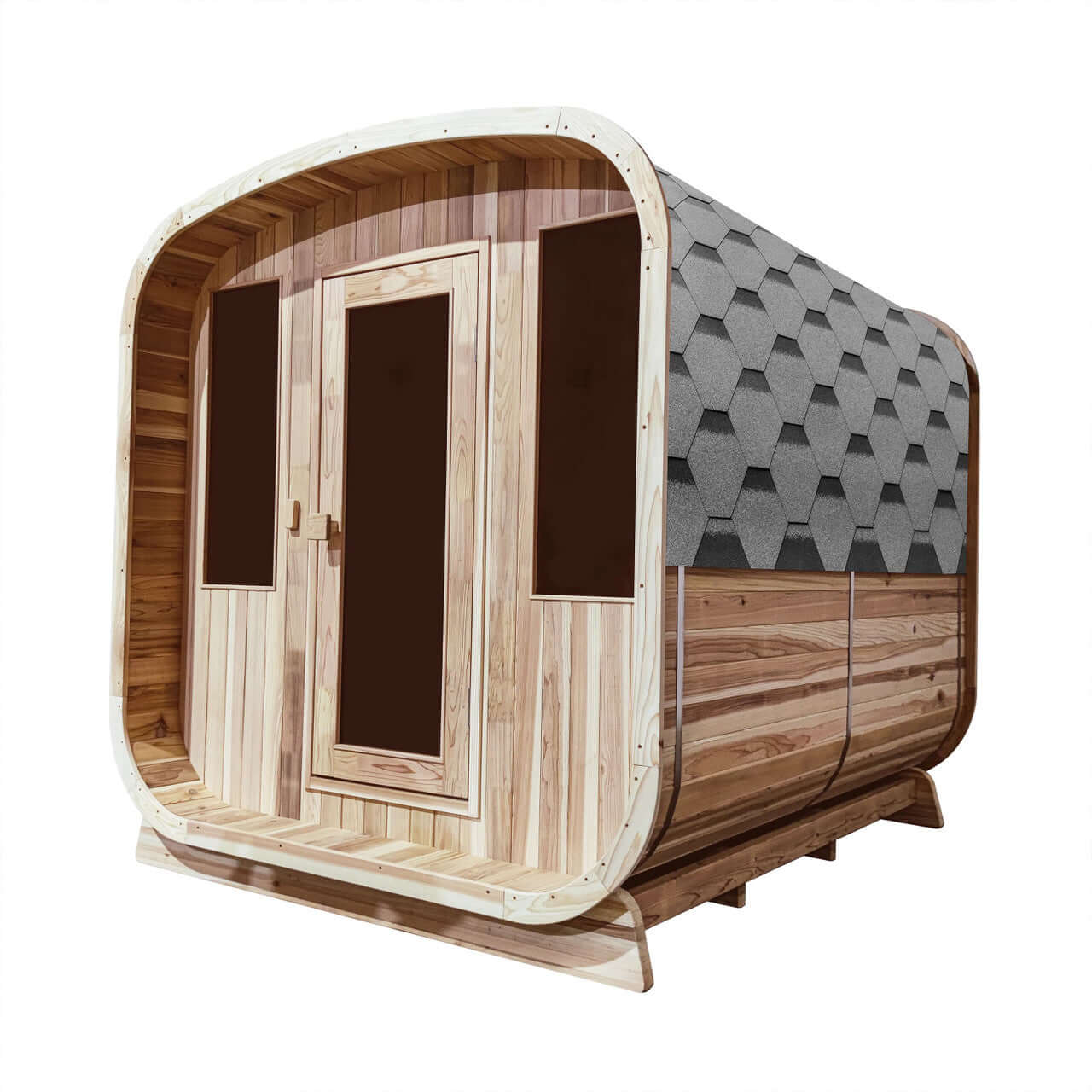 Outdoor Rustic Cedar Square Sauna – 4 Person – 4.5 kW UL Certified Electric Heater - Front Right Angled View