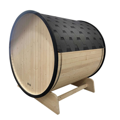 Outdoor White Finland Pine Traditional Barrel Sauna with Black Accents & Front Porch Canopy - 2-4 Person Capacity - Back Right Angled View