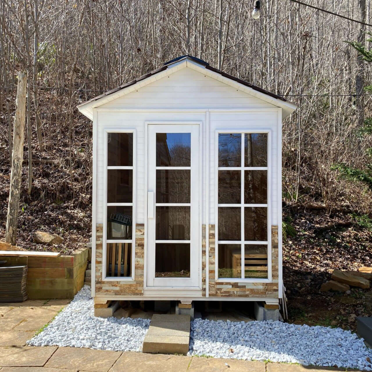 Outdoor Canadian Red Cedar Wet Dry Sauna - 6 Person - 6 kW UL Certified Electrical Heater - Stone Finish - Square On View In Garden Setting