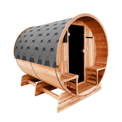 Outdoor Rustic Cedar Barrel Steam Sauna - Front Porch Canopy - UL Certified - 5-6 Person - Front Left Angled View