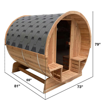 Outdoor Rustic Cedar Barrel Steam Sauna - Front Porch Canopy - UL Certified - 2-4 Person - Dimensions Image