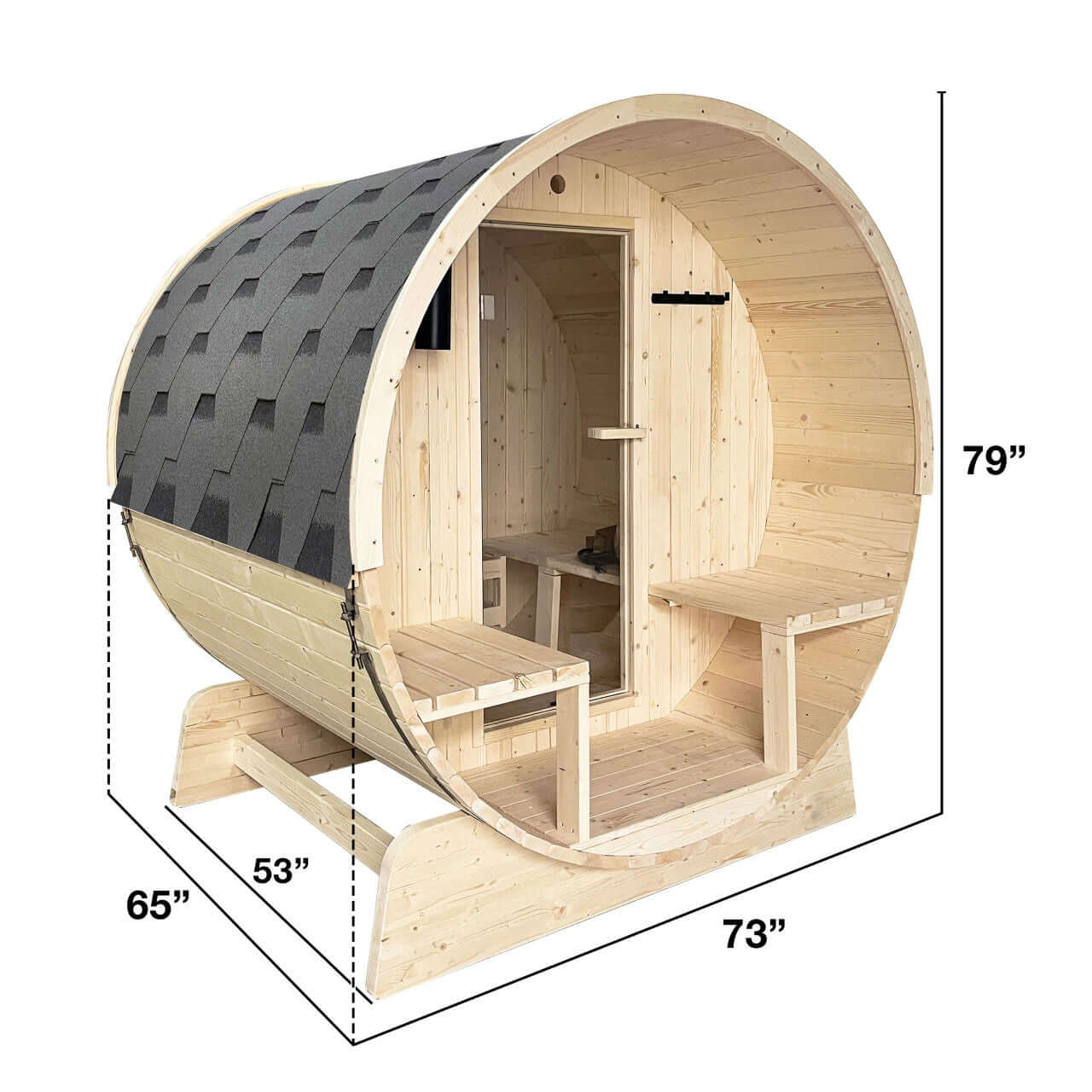 Outdoor or Indoor White Finland Pine Wet Dry Barrel Sauna - 2-4 Person - Front Porch Canopy - 4.5 kW UL Certified - Bitumen Shingle Roofing - Dimensions Image