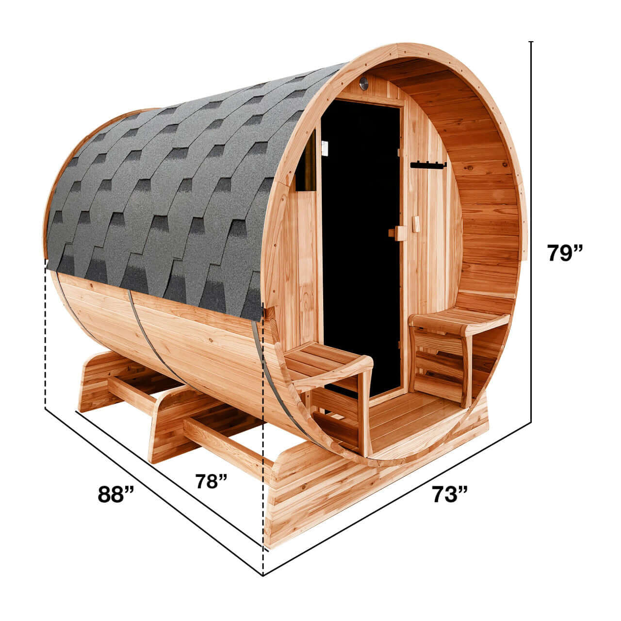 Outdoor Rustic Cedar Barrel Steam Sauna - Front Porch Canopy - UL Certified - 5-6 Person - Dimensions Image