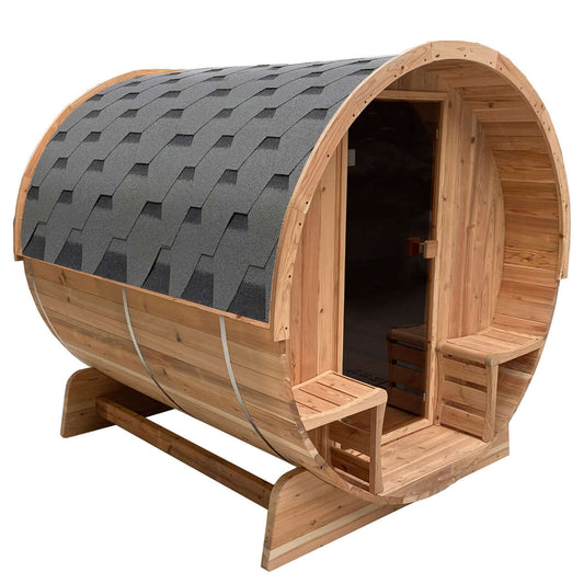 Outdoor Rustic Cedar Barrel Steam Sauna - Front Porch Canopy - UL Certified - 2-4 Person - Front Left Angled View