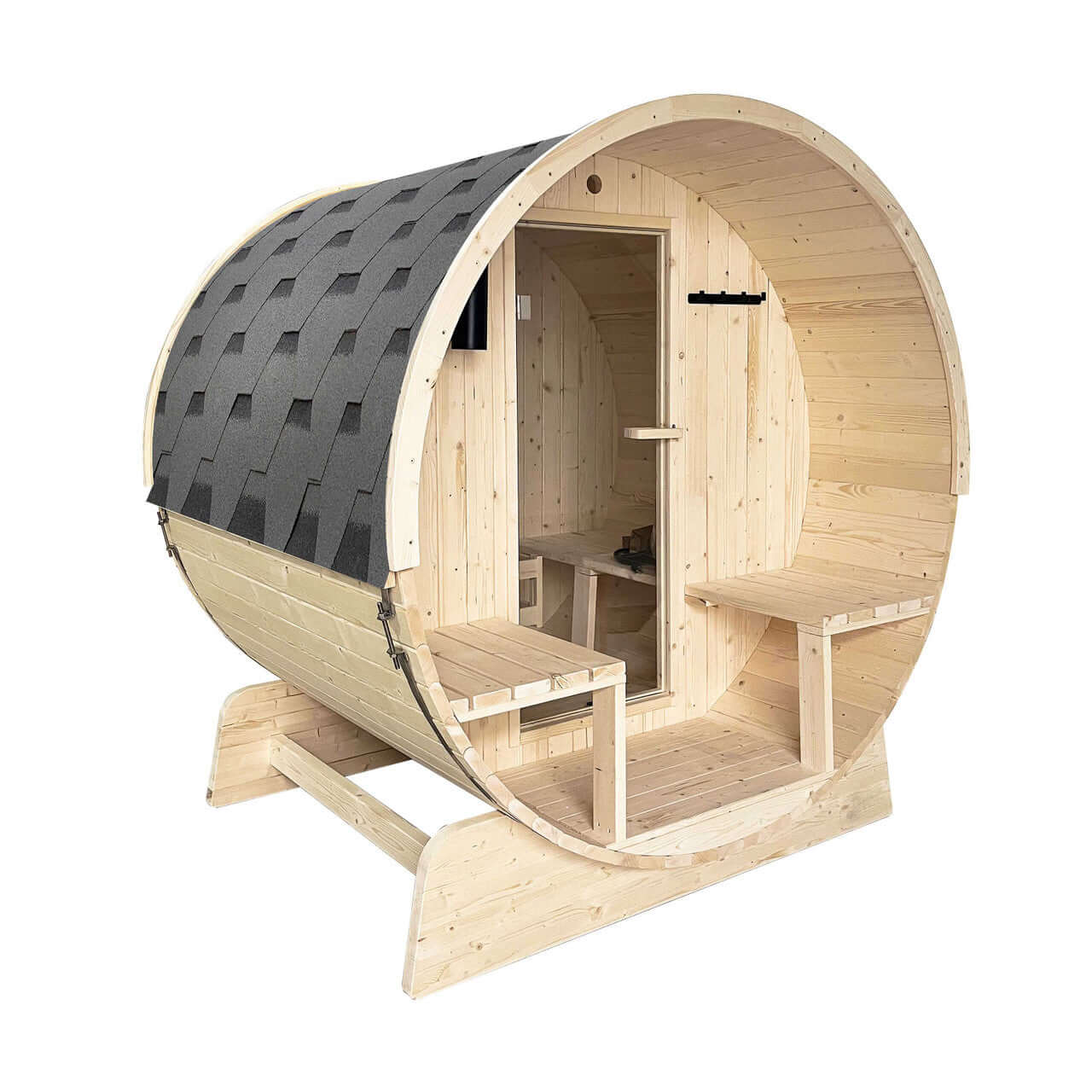 Outdoor or Indoor White Finland Pine Wet Dry Barrel Sauna - 2-4 Person - Front Porch Canopy - 4.5 kW UL Certified - Bitumen Shingle Roofing - Front Left Angled View