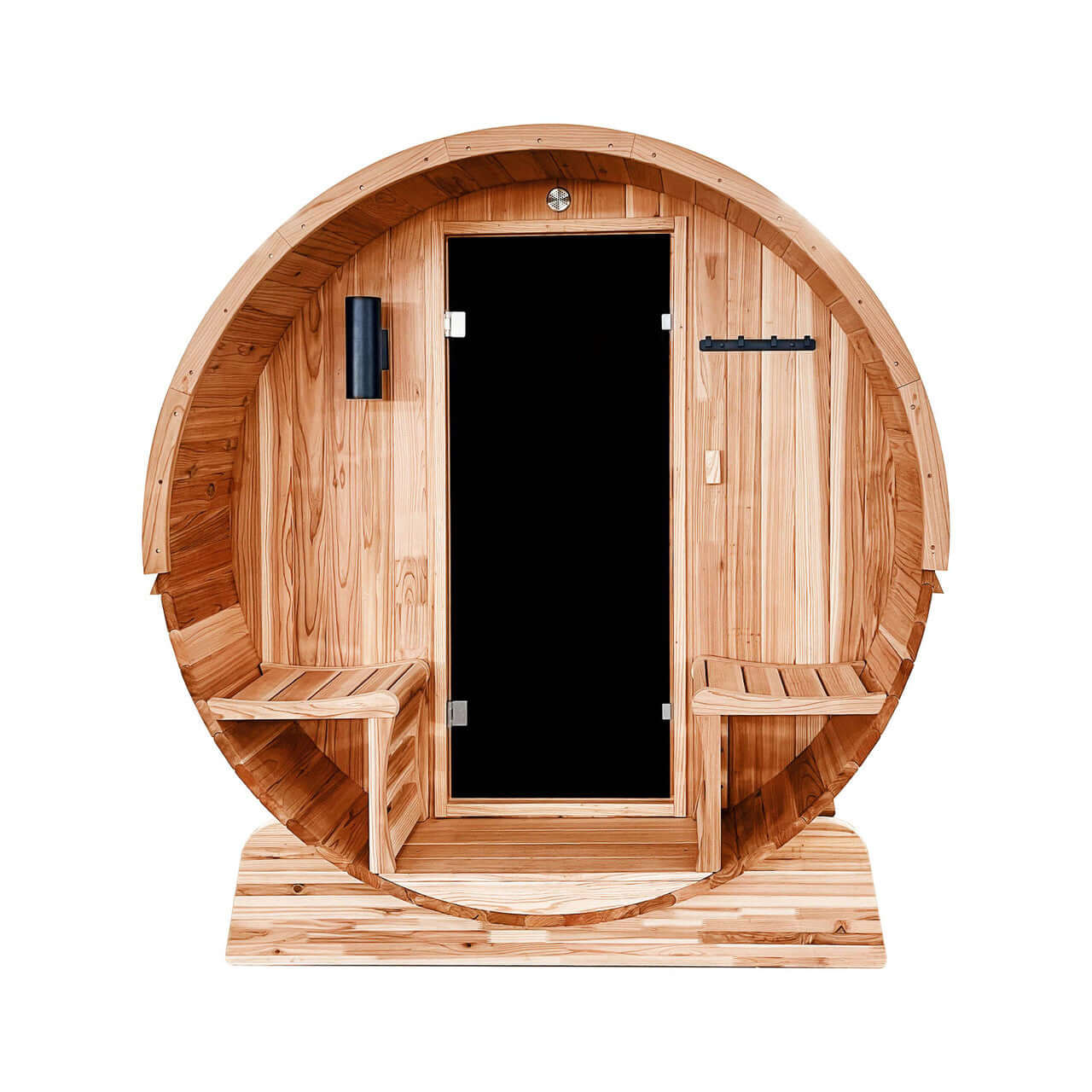 Outdoor Rustic Cedar Barrel Steam Sauna - Front Porch Canopy - UL Certified - 5-6 Person - Square On View