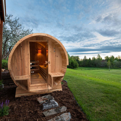 Outdoor Rustic Cedar Barrel Steam Sauna - Front Porch Canopy - UL Certified - 2-4 Person - Square On View In Garden Setting