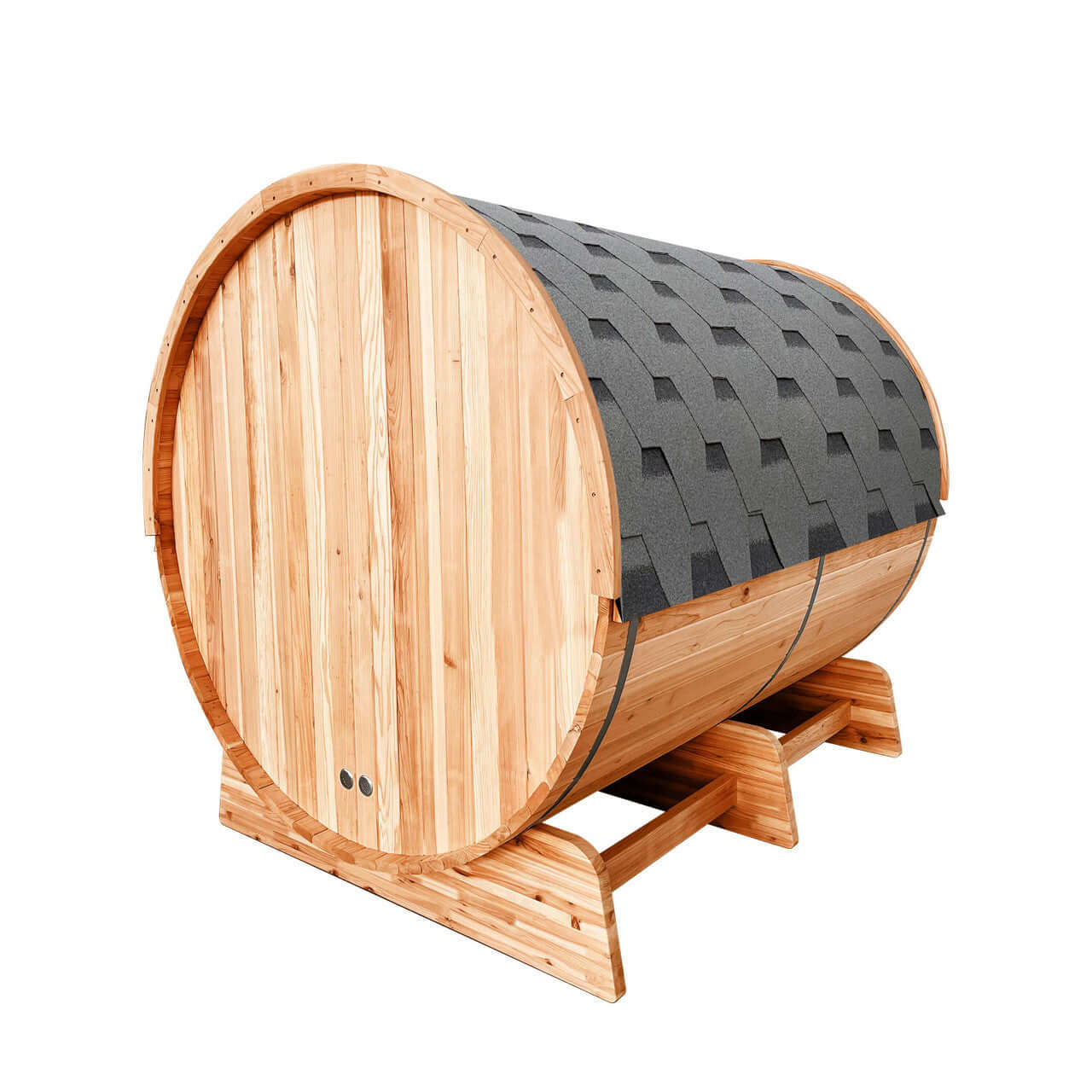 Outdoor Rustic Cedar Barrel Steam Sauna - Front Porch Canopy - UL Certified - 5-6 Person - Back Left Angled View