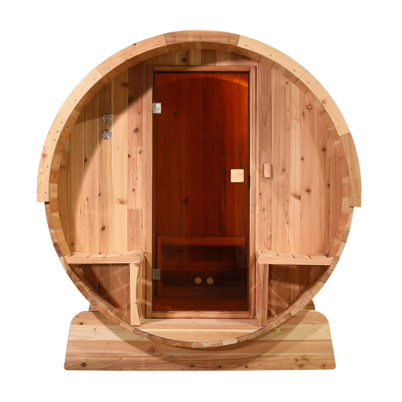 Outdoor Rustic Cedar Barrel Steam Sauna - Front Porch Canopy - UL Certified - 2-4 Person - Square On View