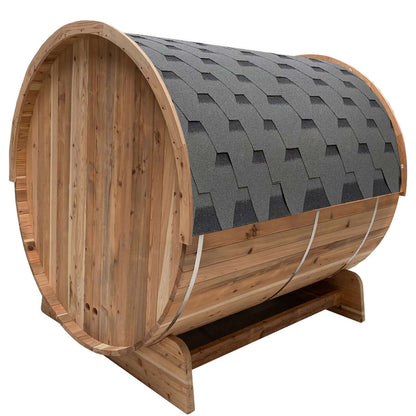 Outdoor Rustic Cedar Barrel Steam Sauna - Front Porch Canopy - UL Certified - 2-4 Person - Back Left Angled View