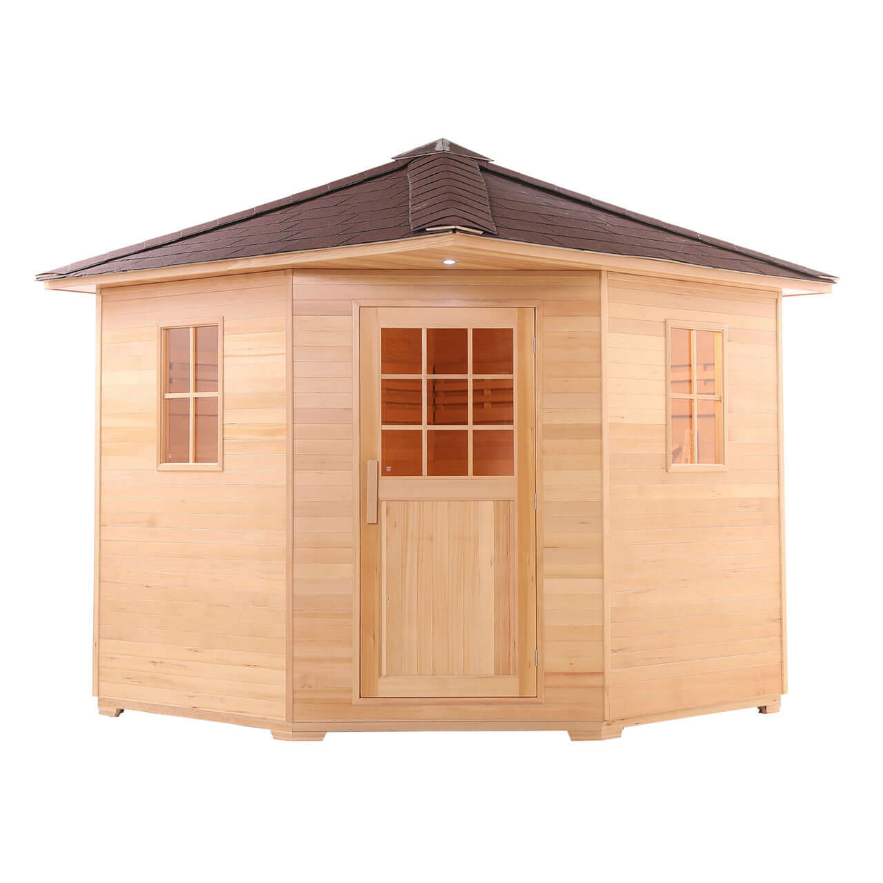 Canadian Hemlock Wet Dry Outdoor Sauna with Asphalt Roof - 8 kW UL Certified Heater - 8 Person - Square On View