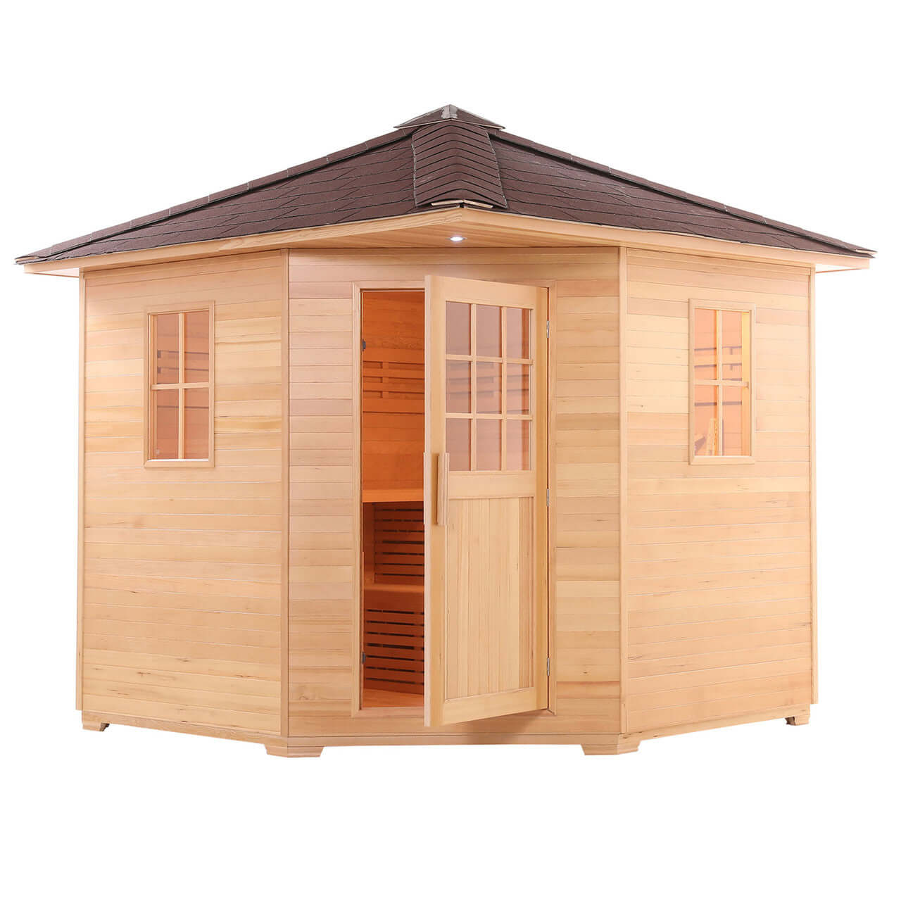 Canadian Hemlock Wet Dry Outdoor Sauna with Asphalt Roof - 8 kW UL Certified Heater - 8 Person - Square On View with Door Open Slightly