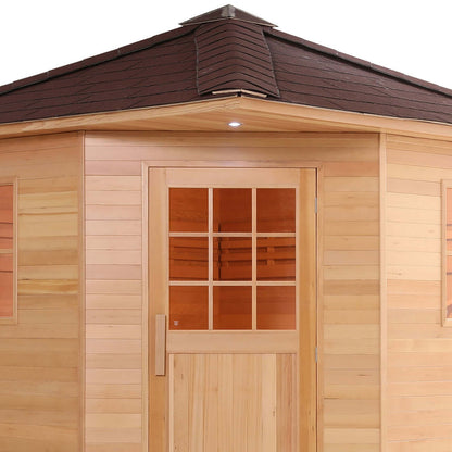 Canadian Hemlock Wet Dry Outdoor Sauna with Asphalt Roof - 8 kW UL Certified Heater - 8 Person - Square On View Close Up