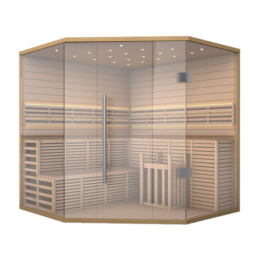 Canadian Hemlock Luxury Indoor Wet Dry Sauna with LED Lights - 6 kW UL Certified Heater - 5-6 Person - Square On View