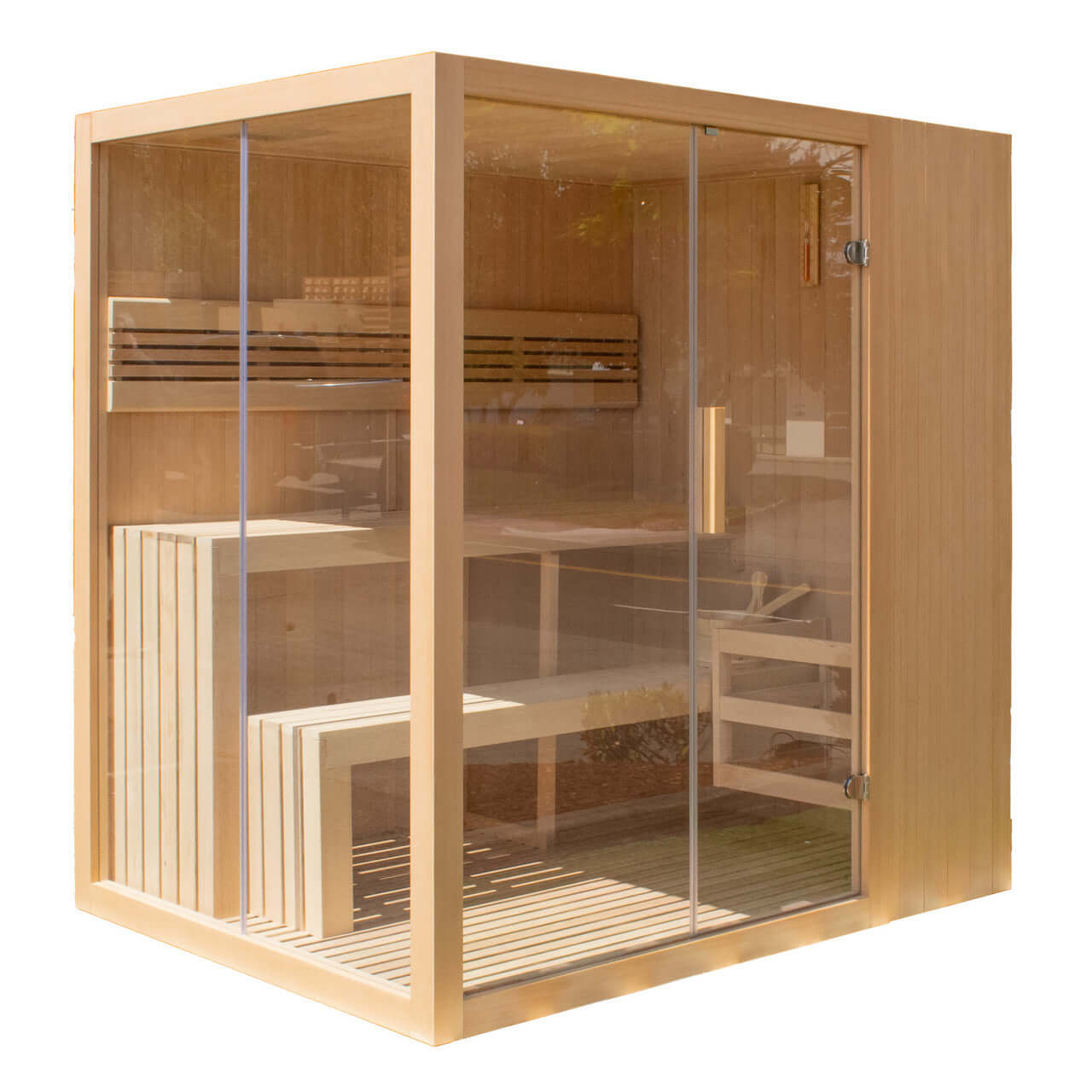 Canadian Hemlock Indoor Wet Dry Sauna with LED Lights - 4.5 kW UL Certified Heater - 4-6 Person - Front Left Angled View