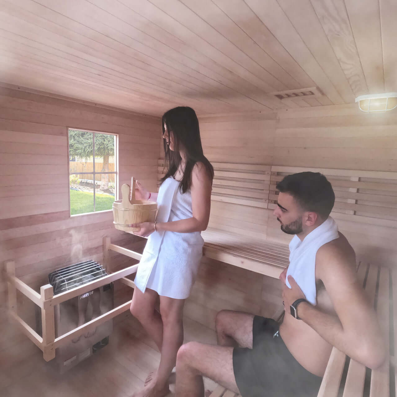 Canadian Hemlock Wet Dry Outdoor Sauna with Asphalt Roof - 8 kW UL Certified Heater - 8 Person - Interior Image In Use with Models