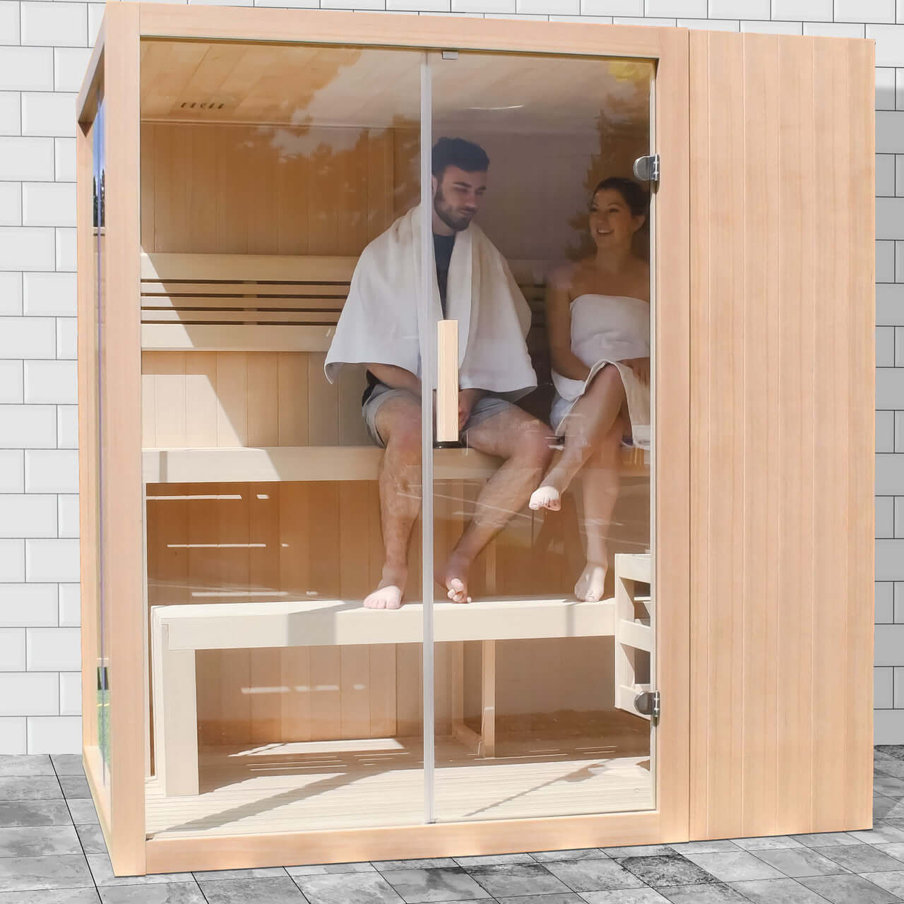 Canadian Hemlock Indoor Wet Dry Sauna with LED Lights - 4.5 kW UL Certified Heater - 4-6 Person - S - Square On View In Use With Models