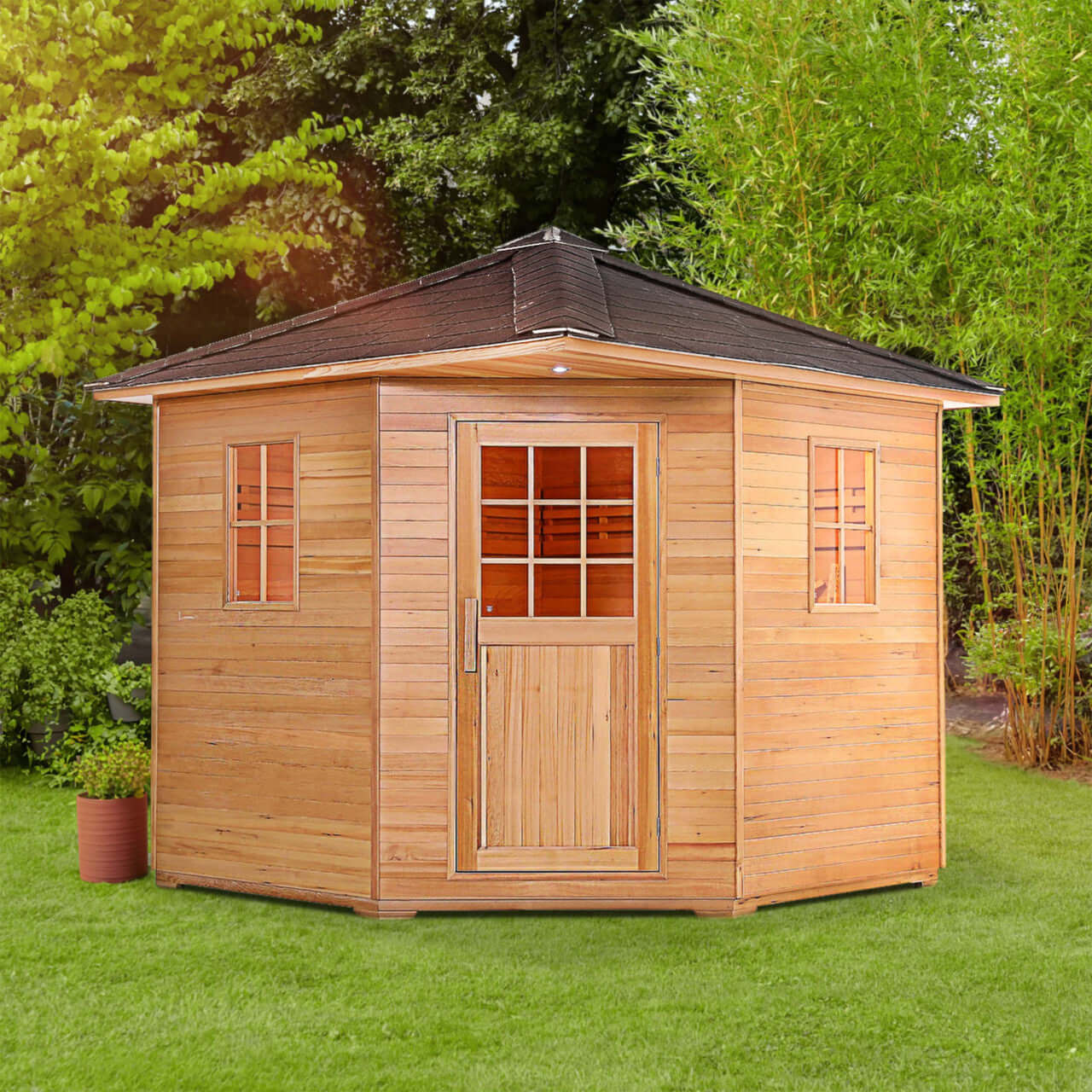 Canadian Hemlock Wet Dry Outdoor Sauna with Asphalt Roof - 8 kW UL Certified Heater - 8 Person - Square On View In Garden Setting