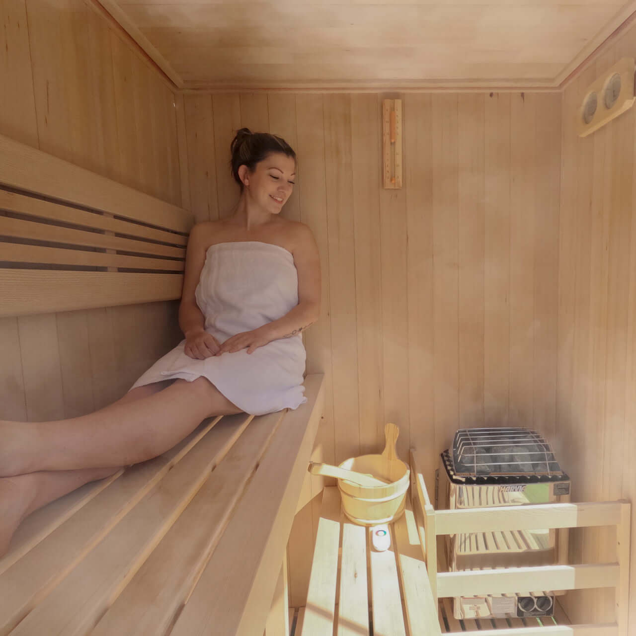 Canadian Hemlock Indoor Wet Dry Sauna with LED Lights - 4.5 kW UL Certified Heater - 4-6 Person - Interior View with Models