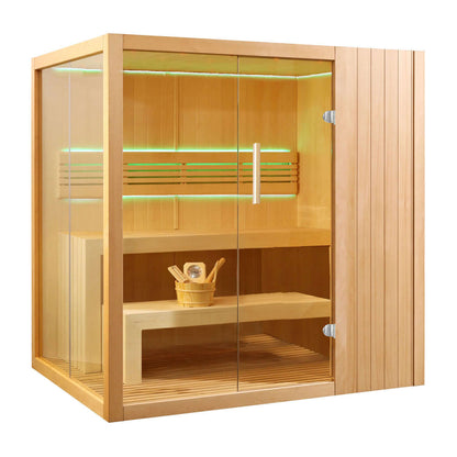 Canadian Hemlock Indoor Wet Dry Sauna with LED Lights - 4.5 kW UL Certified Heater - 4-6 Person - Front Left Angled View with Interior Lighting in Use