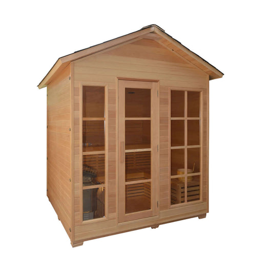 Canadian Hemlock Outdoor and Indoor Wet Dry Sauna - 6 kW UL Certified Heater - 6 Person - Front Left Angle