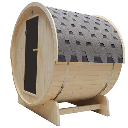 Outdoor and Indoor White Pine Barrel Sauna - 3-4 Person - 4.5 kW UL Certified Heater - Bitumen Shingle Roofing - Front Right Angled View