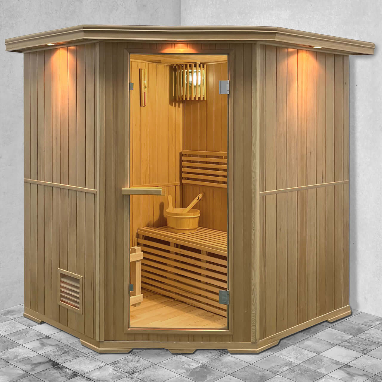 Canadian Hemlock Wet Dry Indoor Sauna - 6 kW UL Certified Heater - 6 Person - Square On View In Bathroom Setting