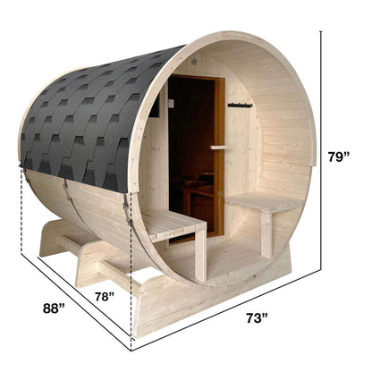 Outdoor White Finland Pine Wet Dry Barrel Sauna - Front Porch Canopy - 8 kW UL Certified KIP Harvia Heater - 6-8 Person - Dimensions Image