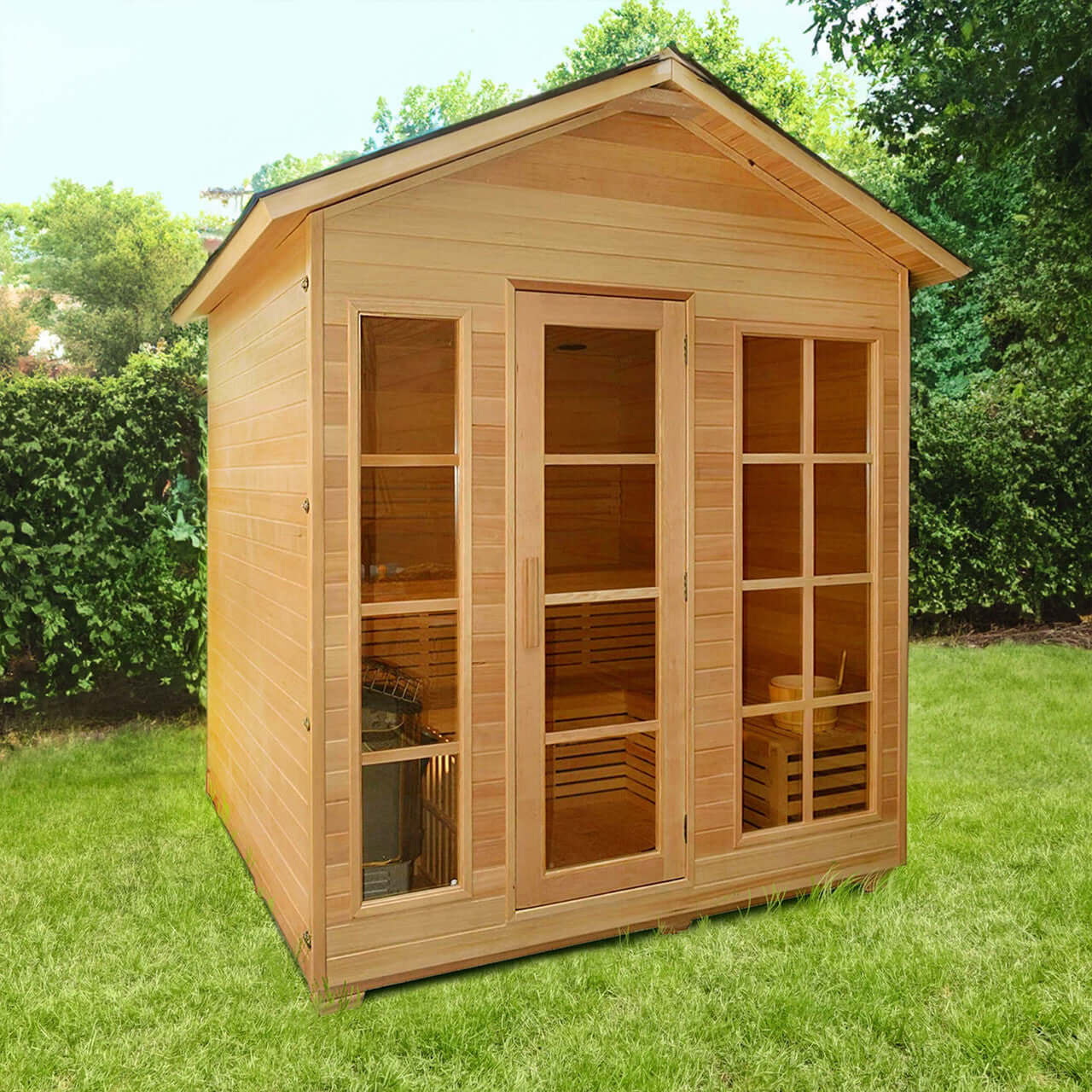 Canadian Hemlock Outdoor and Indoor Wet Dry Sauna - 6 kW UL Certified Heater - 6 Person - Sauna in a Garden Setting