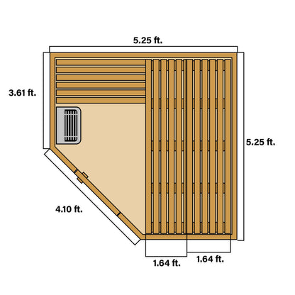 Canadian Hemlock Wet Dry Indoor Sauna - 6 kW UL Certified Heater - 6 Person - Floor Dimensions Image