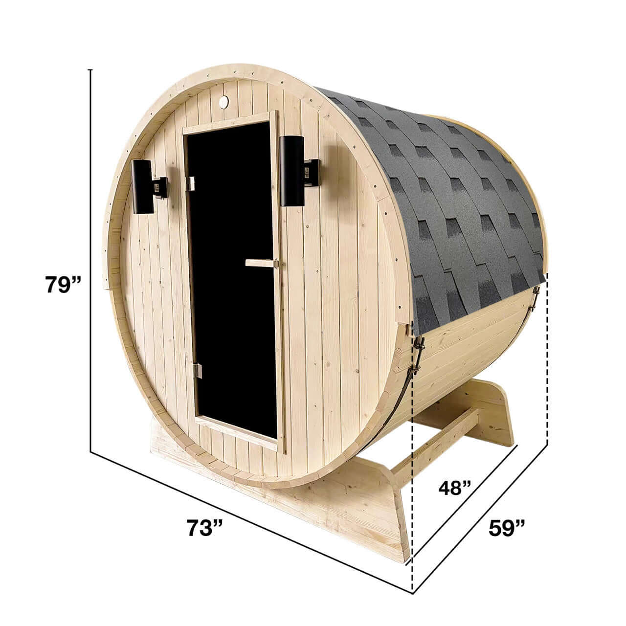 Outdoor and Indoor White Pine Barrel Sauna - 3-4 Person - 4.5 kW UL Certified Heater - Bitumen Shingle Roofing - Dimensions Image