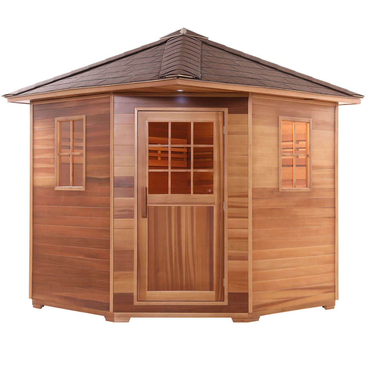 Canadian Red Cedar Wet Dry Outdoor Sauna with Asphalt Roof - 8 kW UL Certified Heater - 8 Person - Square On View 