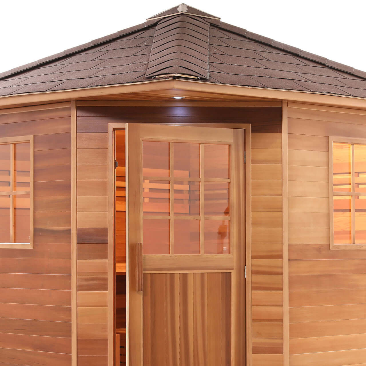 Canadian Red Cedar Wet Dry Outdoor Sauna with Asphalt Roof - 8 kW UL Certified Heater - 8 Person - Close Up Square On View 