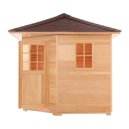 Canadian Hemlock Wet Dry Outdoor Sauna with Asphalt Roof - 6 kW UL Certified Heater - 5 Person - Front Right Angle