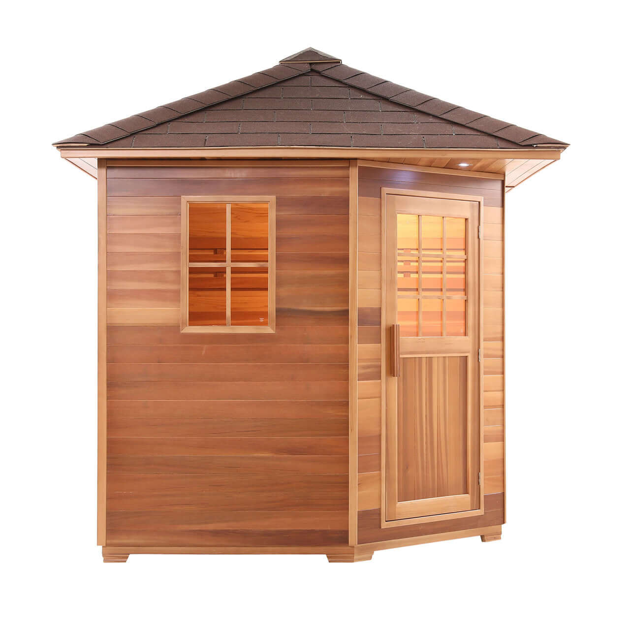 Canadian Red Cedar Wet Dry Outdoor Sauna with Asphalt Roof - 8 kW UL Certified Heater - 8 Person -Side View