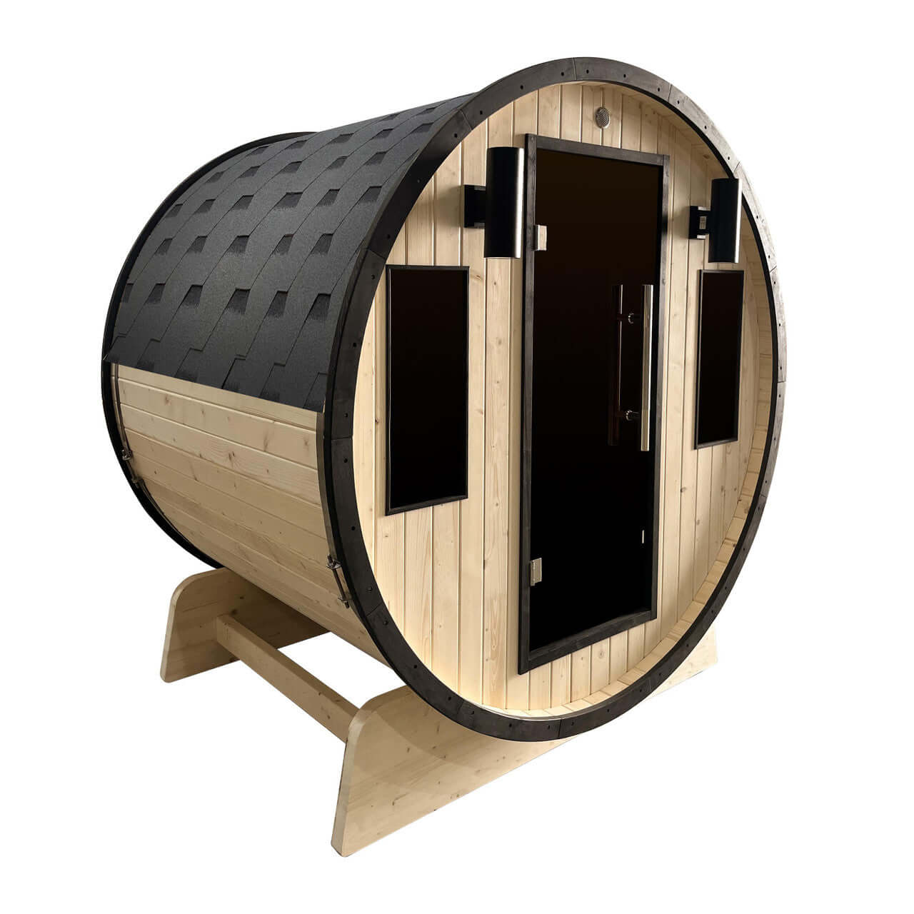 Outdoor White Finland Pine Traditional Barrel Sauna with Black Accents - 3-4 Person Capacity - Front Left Angled View