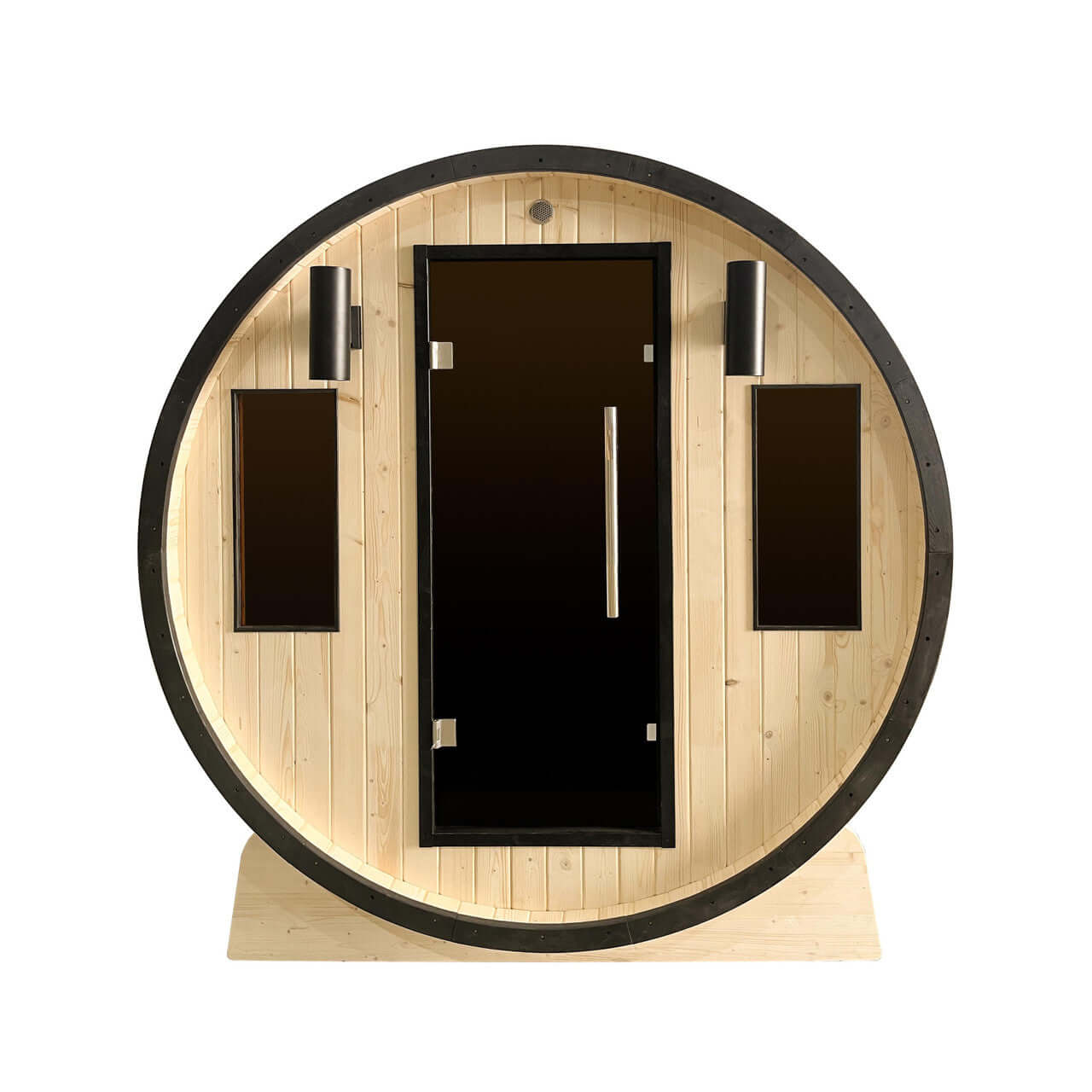 Outdoor White Finland Pine Traditional Barrel Sauna with Black Accents - 3-4 Person Capacity - Front View