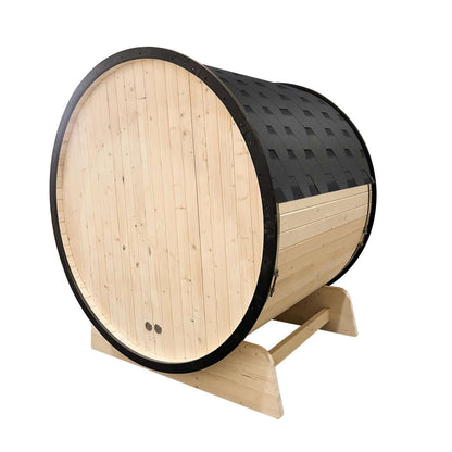 Outdoor White Finland Pine Traditional Barrel Sauna with Black Accents - 3-4 Person Capacity - Back Left Angled View