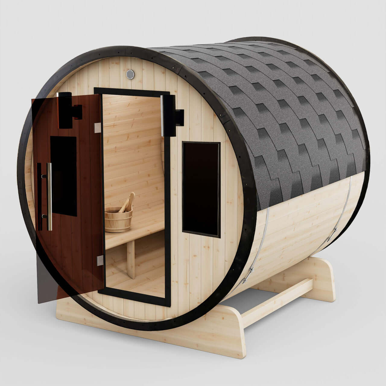 Outdoor White Finland Pine Traditional Barrel Sauna with Black Accents - 3-4 Person Capacity - Front Right Raised View with Door Open